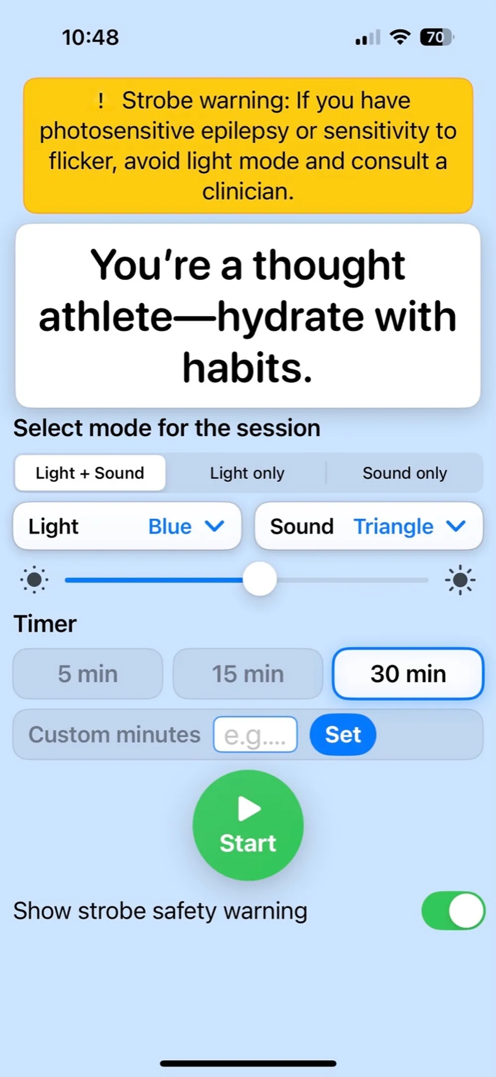 LucidWave — Practice screen with light & sound controls and timer